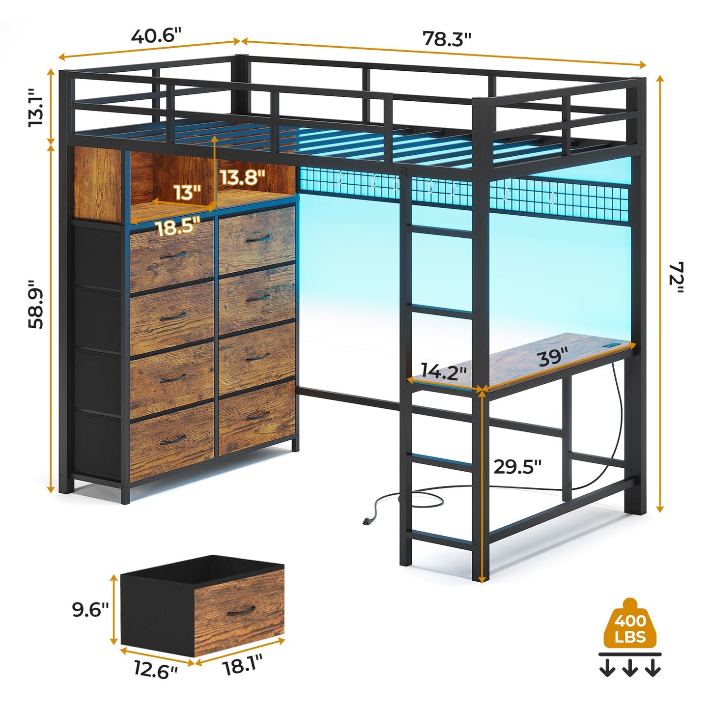 Twin/Full Size Loft Bed with Desk and 8 Storage Drawers and Charging Station, Metal Loft Bed Twin with LED Lights, Storage Shelves