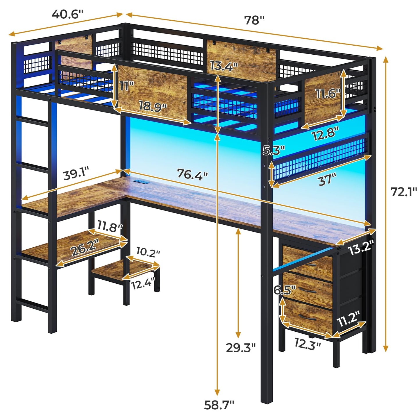 Loft Twin Size Bed with Desk, LED Lights and Charging Station, Metal Loft Bed Frame with Fabric Drawers and Shelves, White