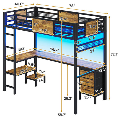 Loft Twin Size Bed with Desk, LED Lights and Charging Station, Metal Loft Bed Frame with Fabric Drawers and Shelves, White