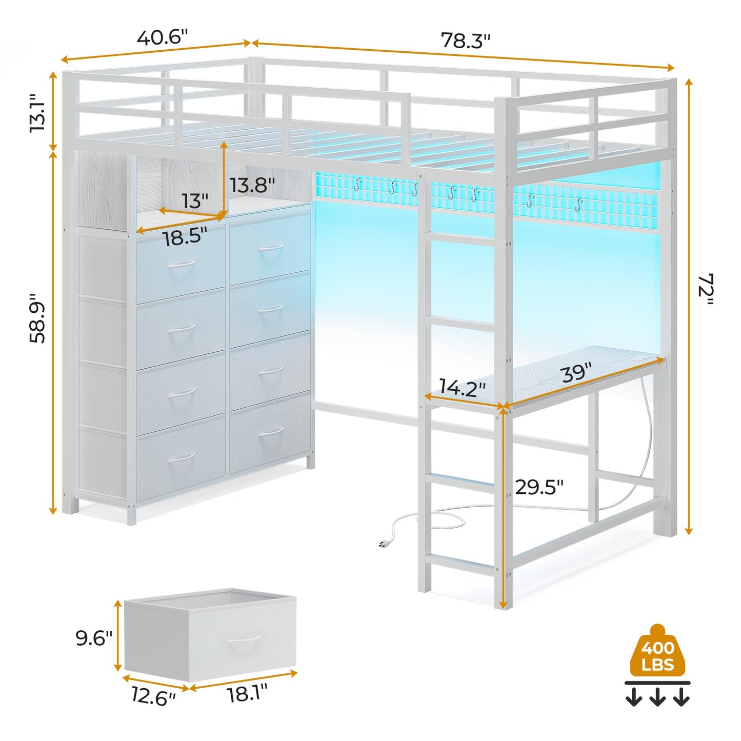 Twin/Full Size Loft Bed with Desk and 8 Storage Drawers and Charging Station, Metal Loft Bed Twin with LED Lights, Storage Shelves