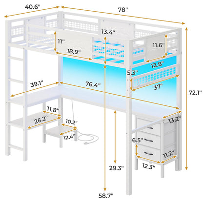 Loft Twin Size Bed with Desk, LED Lights and Charging Station, Metal Loft Bed Frame with Fabric Drawers and Shelves, White