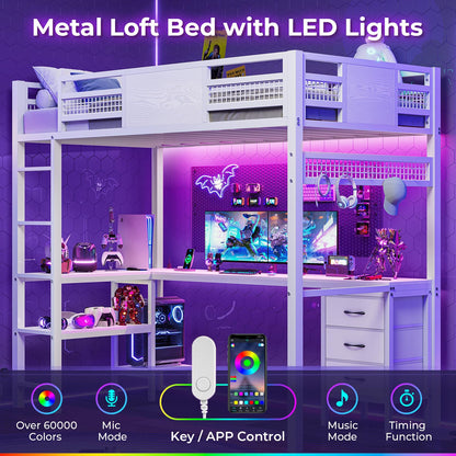 Loft Twin Size Bed with Desk, LED Lights and Charging Station, Metal Loft Bed Frame with Fabric Drawers and Shelves, White