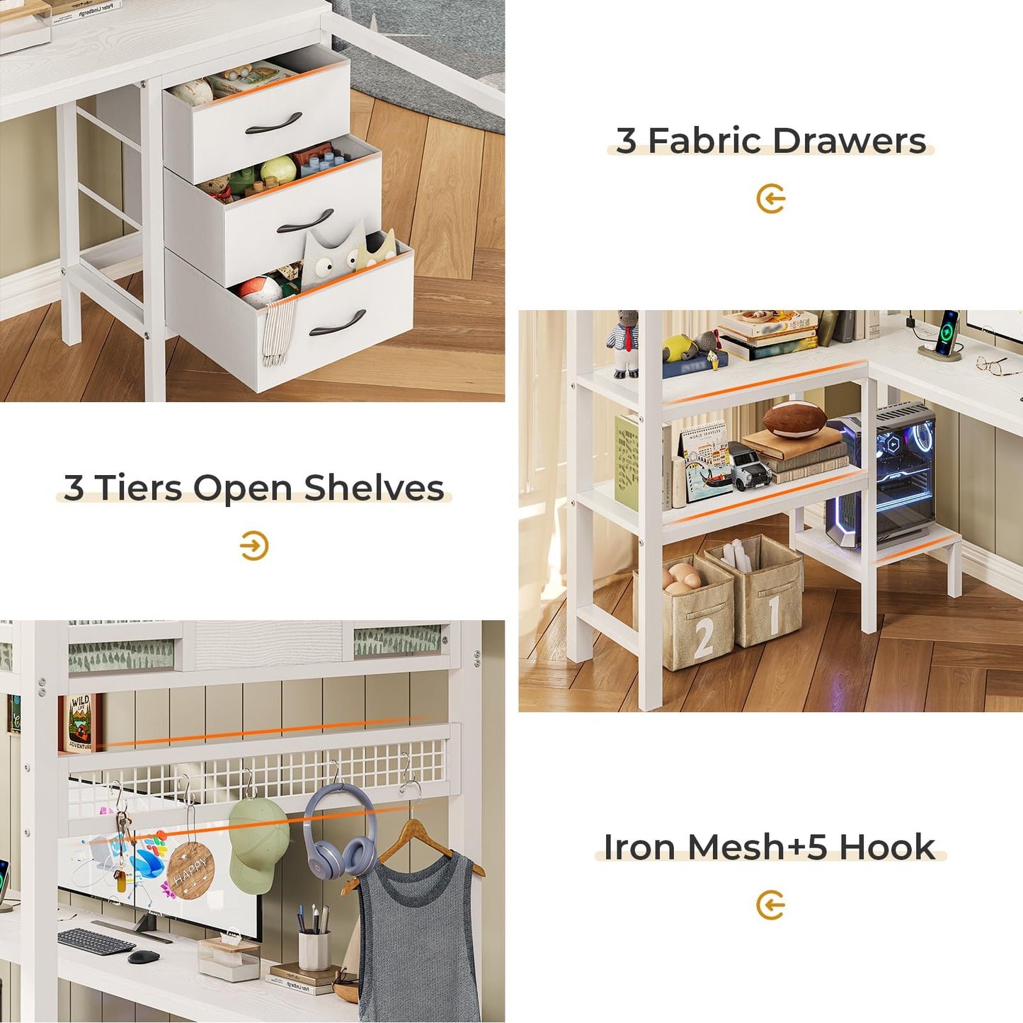 Loft Twin Size Bed with Desk, LED Lights and Charging Station, Metal Loft Bed Frame with Fabric Drawers and Shelves, White