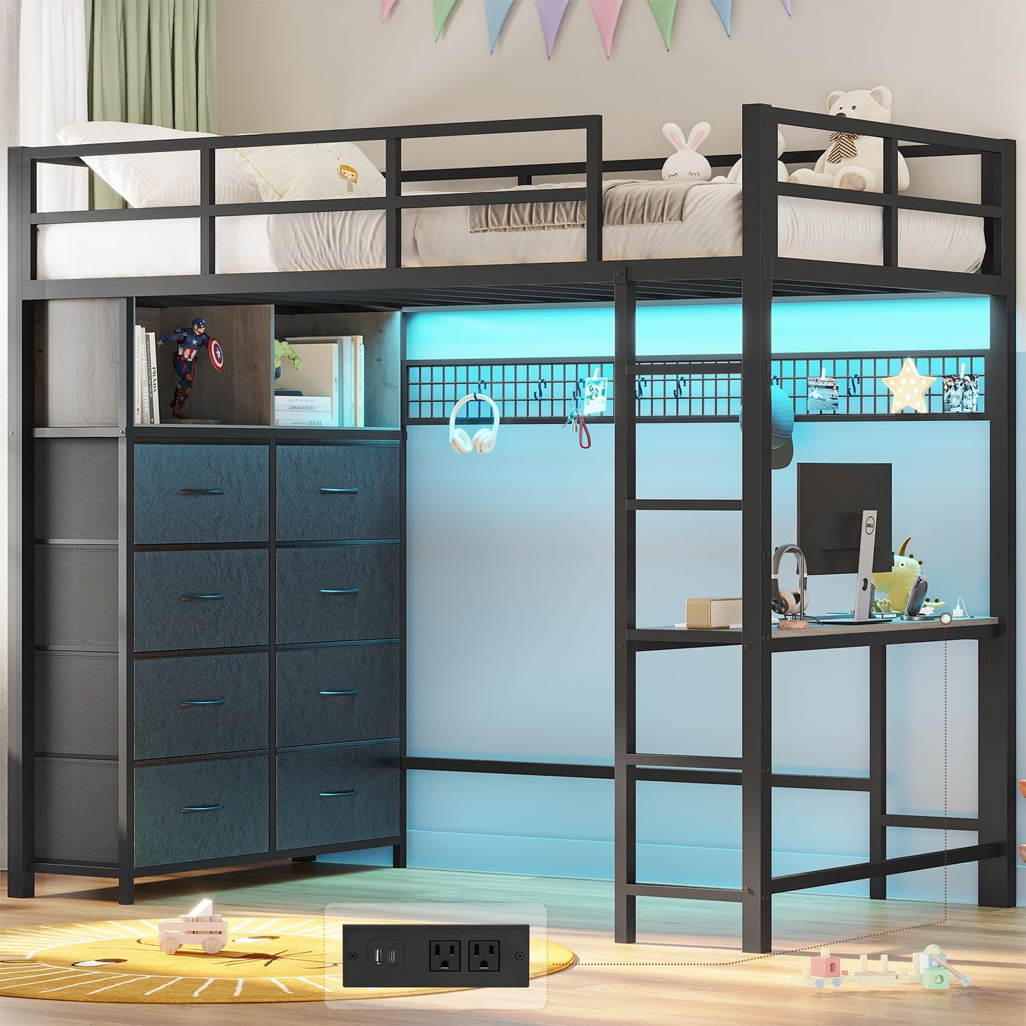 Twin/Full Size Loft Bed with Desk and 8 Storage Drawers and Charging Station, Metal Loft Bed Twin with LED Lights, Storage Shelves