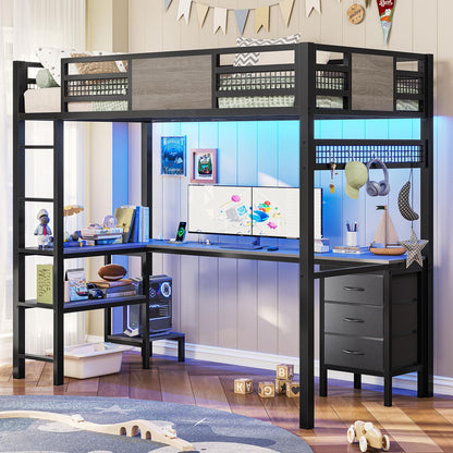 Loft Twin Size Bed with Desk, LED Lights and Charging Station, Metal Loft Bed Frame with Fabric Drawers and Shelves, White