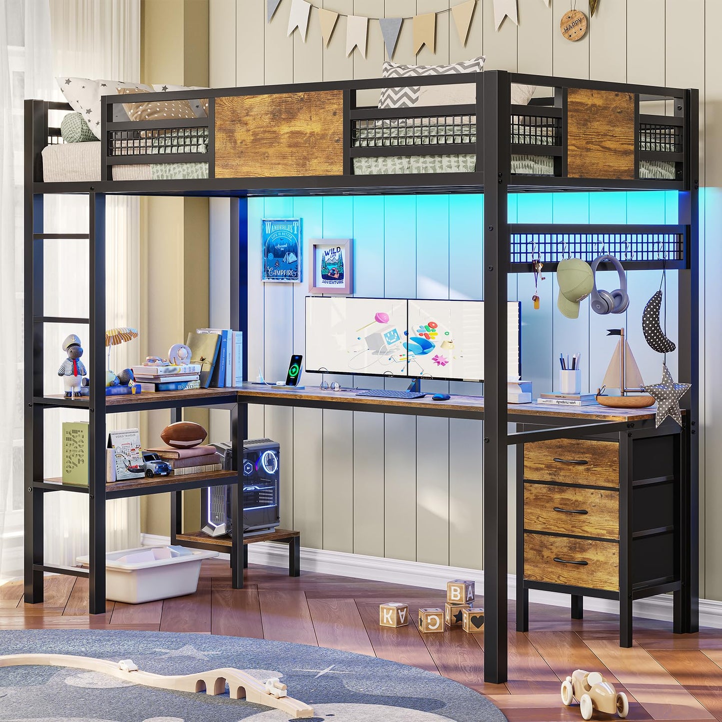 Loft Twin Size Bed with Desk, LED Lights and Charging Station, Metal Loft Bed Frame with Fabric Drawers and Shelves, White