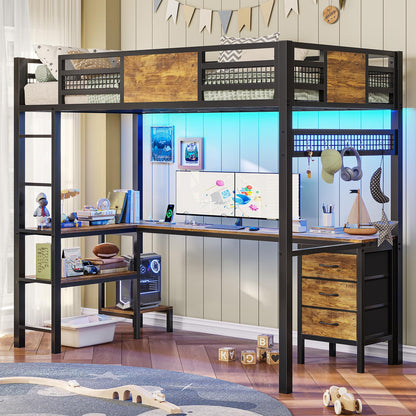 Loft Twin Size Bed with Desk, LED Lights and Charging Station, Metal Loft Bed Frame with Fabric Drawers and Shelves, White