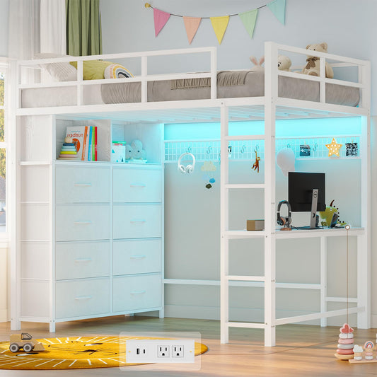 Twin/Full Size Loft Bed with Desk and 8 Storage Drawers and Charging Station, Metal Loft Bed Twin with LED Lights, Storage Shelves
