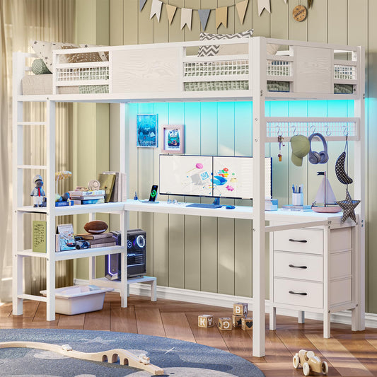 Loft Twin Size Bed with Desk, LED Lights and Charging Station, Metal Loft Bed Frame with Fabric Drawers and Shelves, White