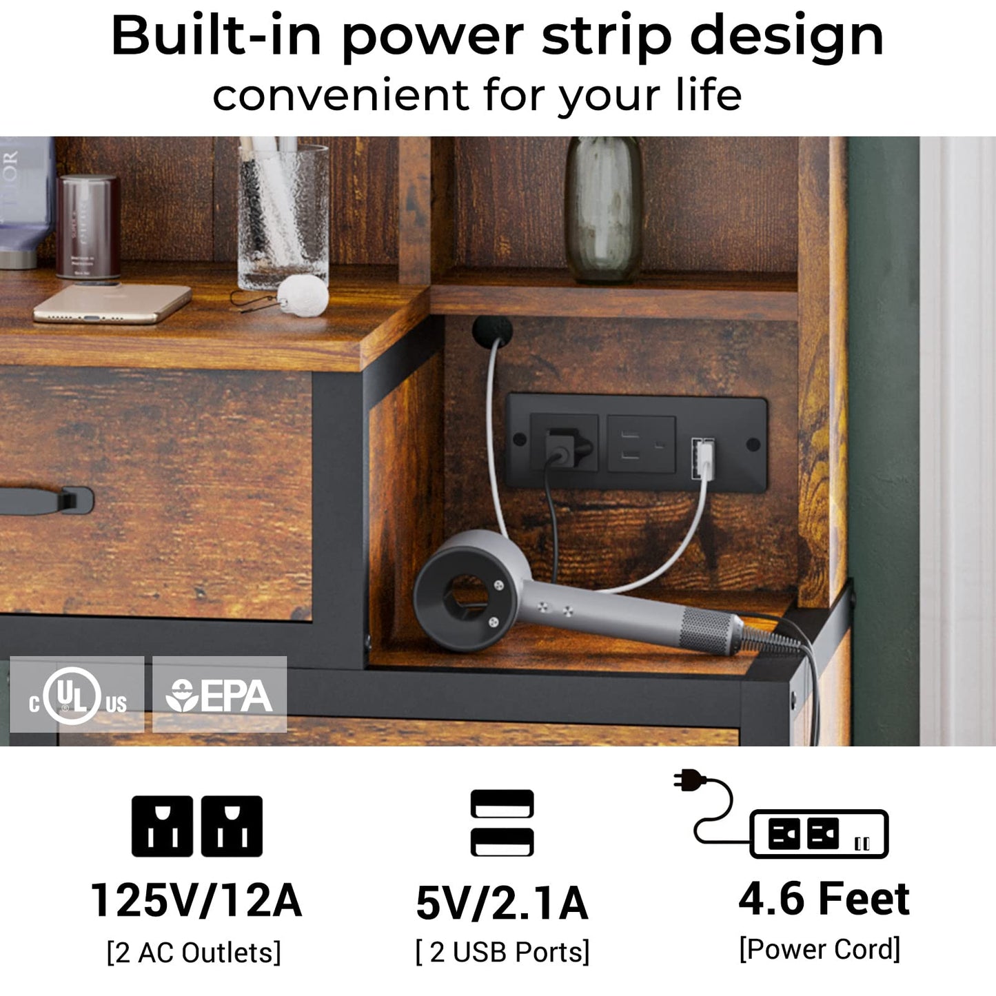 Makeup Vanity with 10 Light Bulbs, Modern Vanity Desk with Mirror and 2 USB Ports and Outlets, White