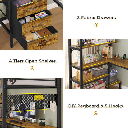 Loft Bed Twin Size with L-Shaped Desk and Charging Station, LED Light Twin Metal Loft Bed with Fabric Drawers and Shelves