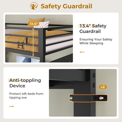 Loft Bed Twin Size with L-Shaped Desk and Charging Station, LED Light Twin Metal Loft Bed with Fabric Drawers and Shelves