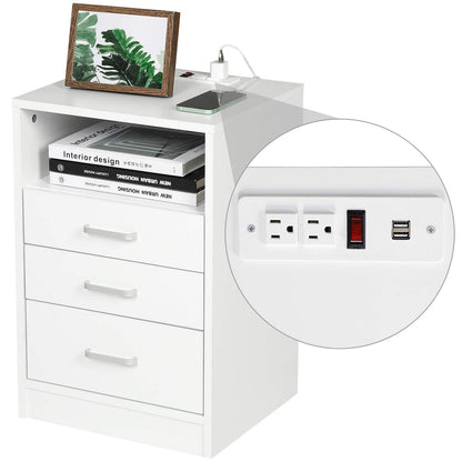 Nightstand 3 Drawers with Open Storage,Bedside Tables for Bedroom with Charging Station, White