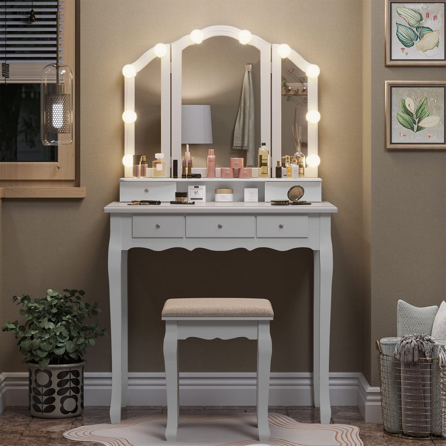 Makeup Vanity with Lights, Vanity Desk with Lighted Mirror and Stool, White