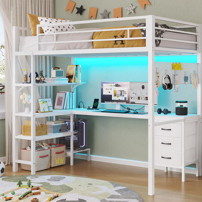 Loft Bed Twin Size with L-Shaped Desk and Charging Station, LED Light Twin Metal Loft Bed with Fabric Drawers and Shelves