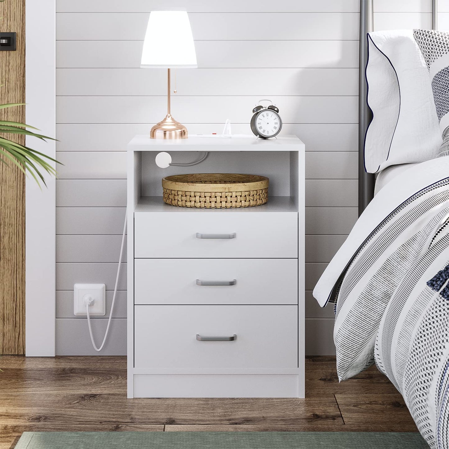 Nightstand 3 Drawers with Open Storage,Bedside Tables for Bedroom with Charging Station, White