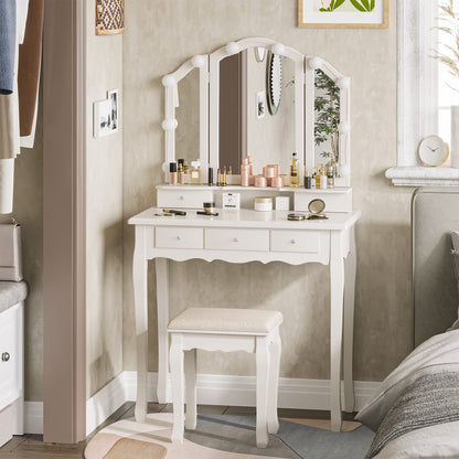 Makeup Vanity with Lights, Vanity Desk with Lighted Mirror and Stool, White