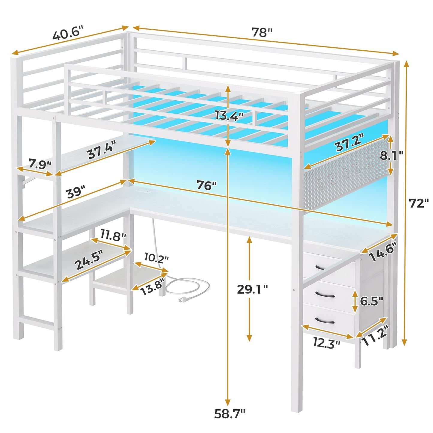 Loft Bed Twin Size with L-Shaped Desk and Charging Station, LED Light Twin Metal Loft Bed with Fabric Drawers and Shelves