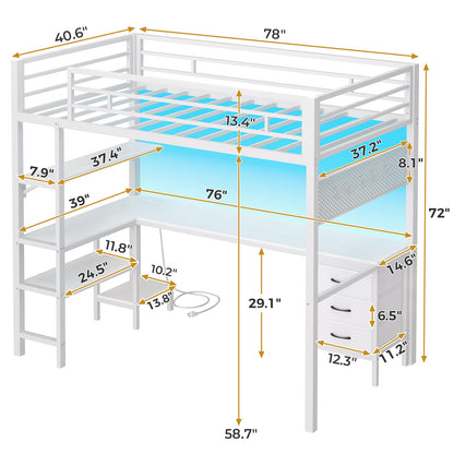 Loft Bed Twin Size with L-Shaped Desk and Charging Station, LED Light Twin Metal Loft Bed with Fabric Drawers and Shelves