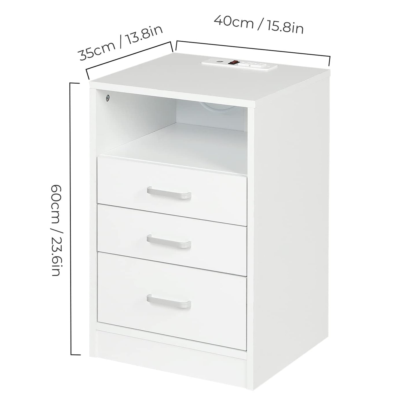 Nightstand 3 Drawers with Open Storage,Bedside Tables for Bedroom with Charging Station, White