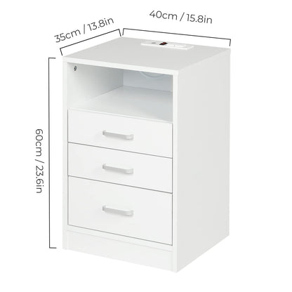 Nightstand 3 Drawers with Open Storage,Bedside Tables for Bedroom with Charging Station, White