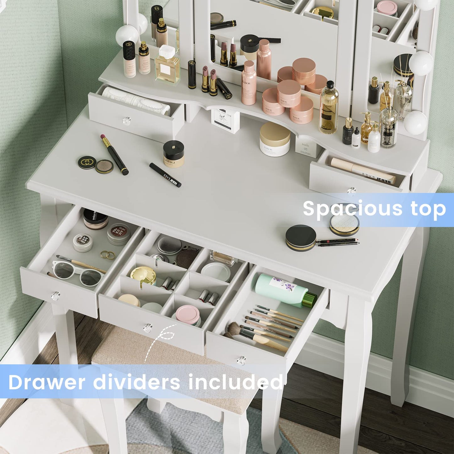 Makeup Vanity with Lights, Vanity Desk with Lighted Mirror and Stool, White