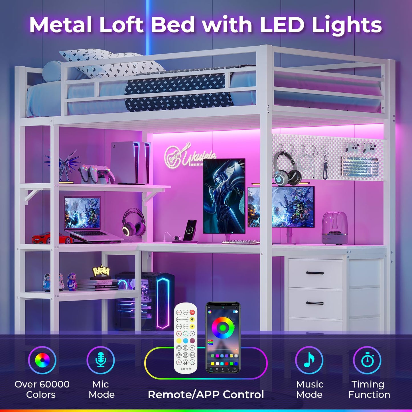Loft Bed Twin Size with L-Shaped Desk and Charging Station, LED Light Twin Metal Loft Bed with Fabric Drawers and Shelves