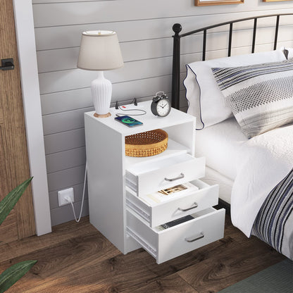 Nightstand 3 Drawers with Open Storage,Bedside Tables for Bedroom with Charging Station, White