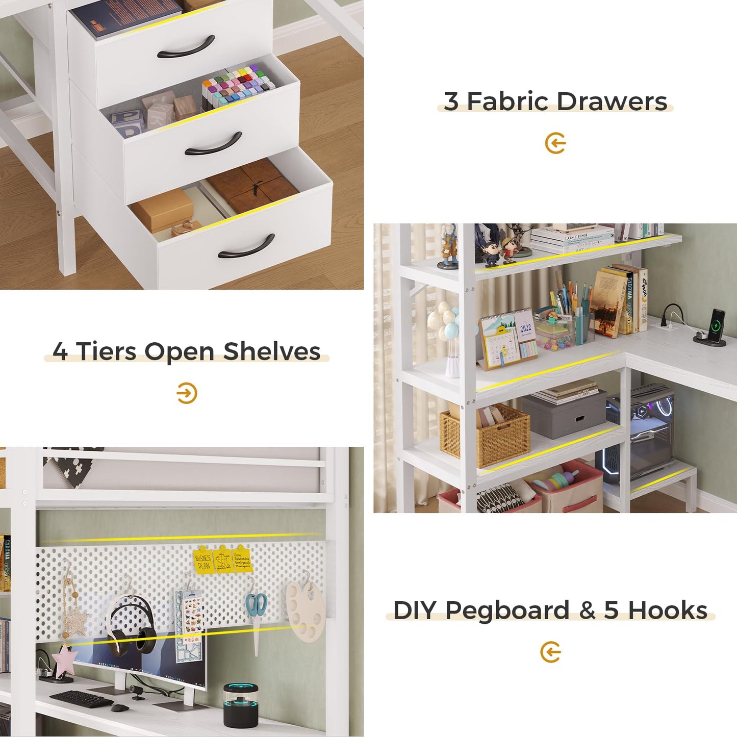 Loft Bed Twin Size with L-Shaped Desk and Charging Station, LED Light Twin Metal Loft Bed with Fabric Drawers and Shelves