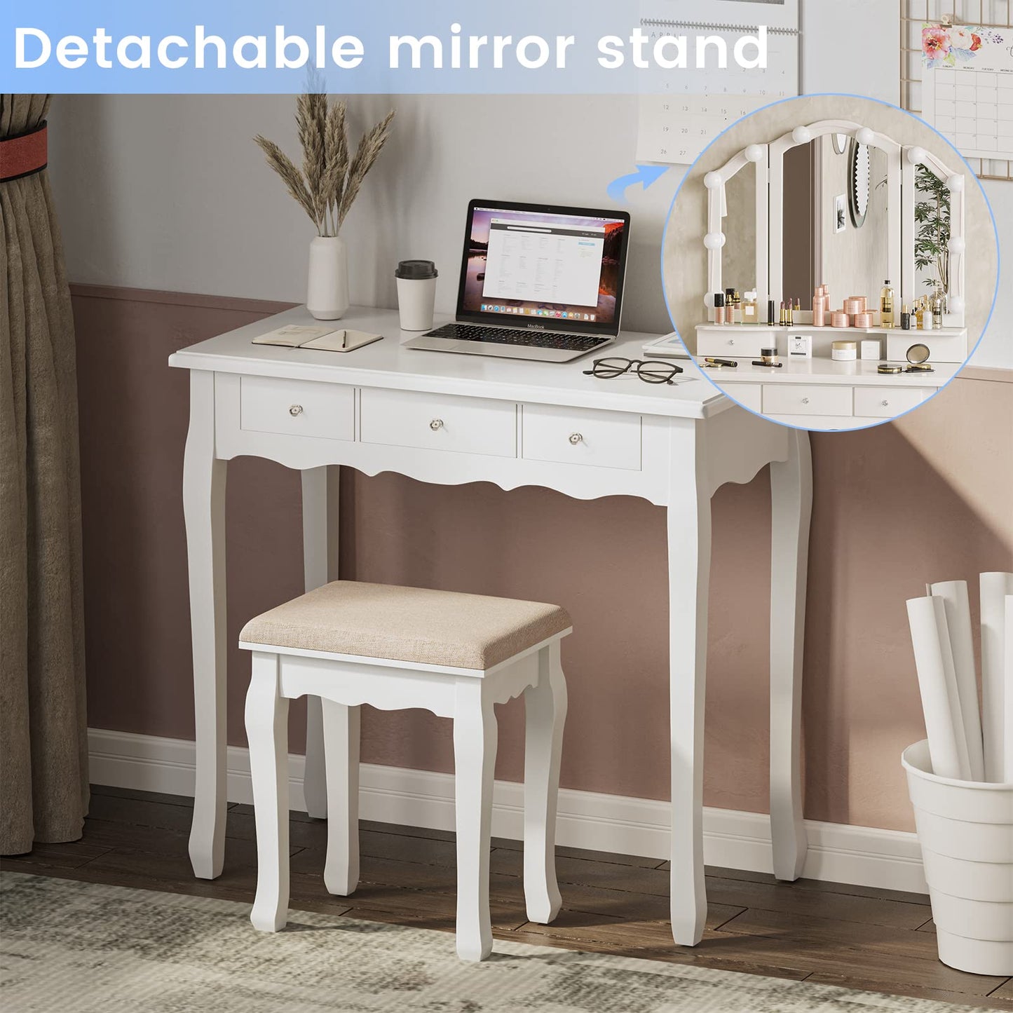 Makeup Vanity with Lights, Vanity Desk with Lighted Mirror and Stool, White