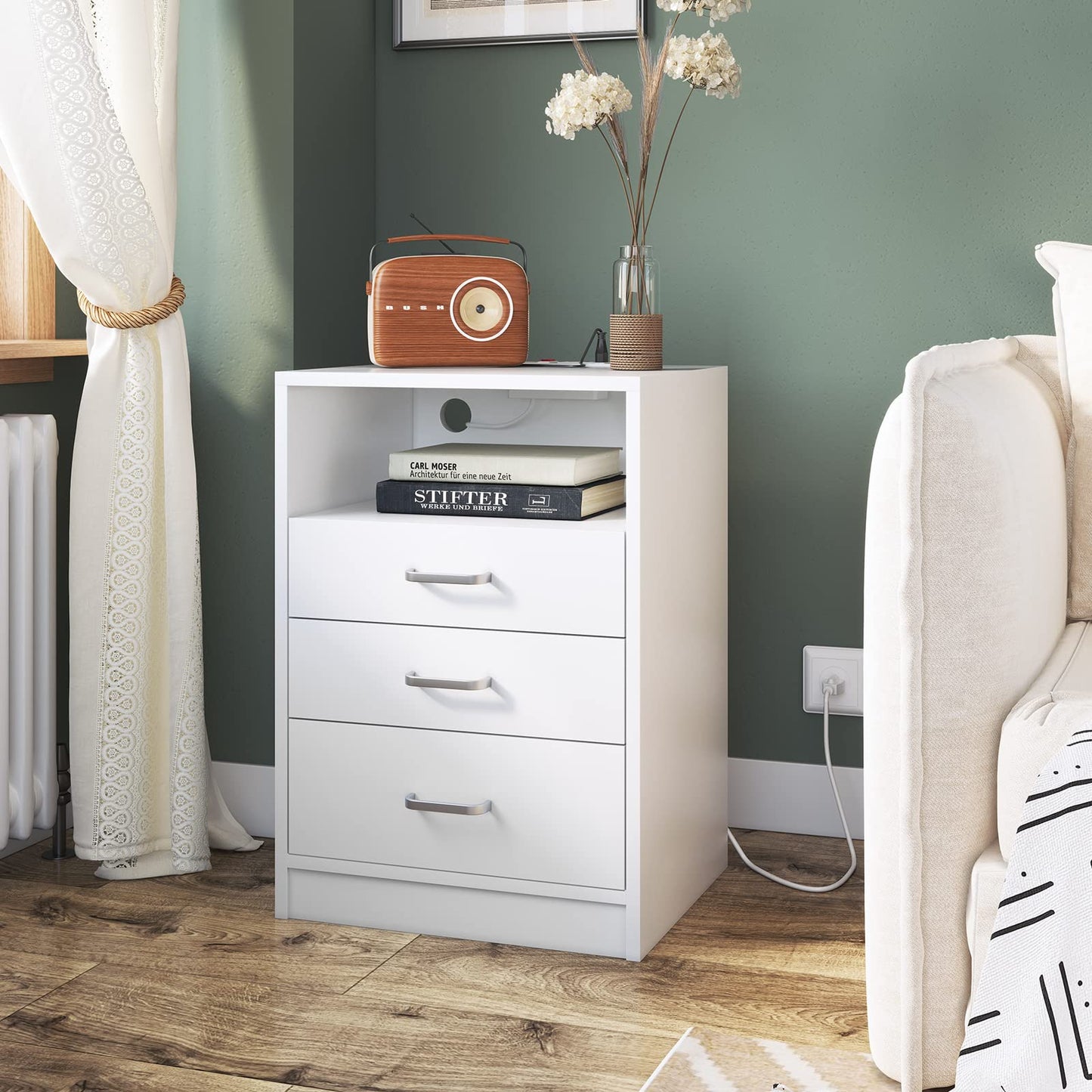 Nightstand 3 Drawers with Open Storage,Bedside Tables for Bedroom with Charging Station, White