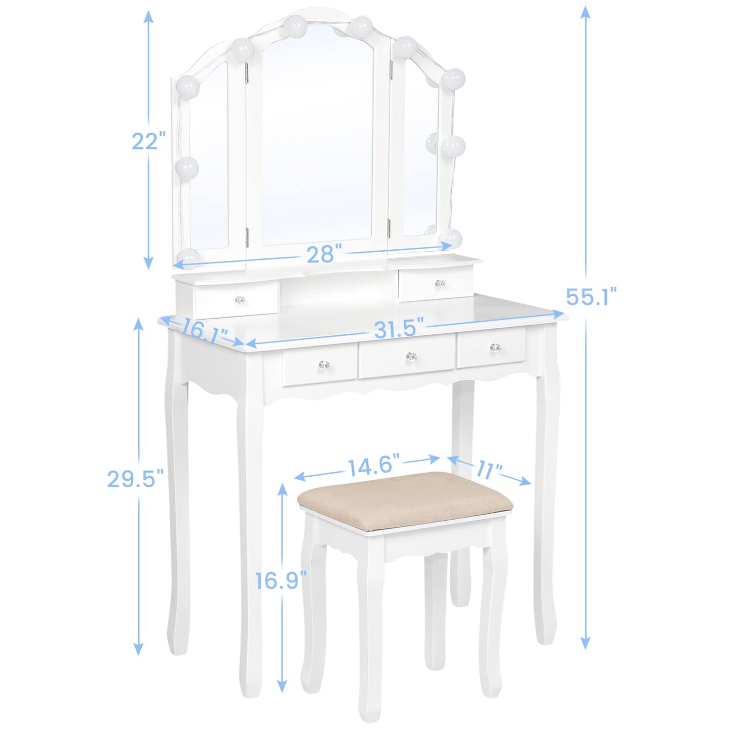 Makeup Vanity with Lights, Vanity Desk with Lighted Mirror and Stool, White