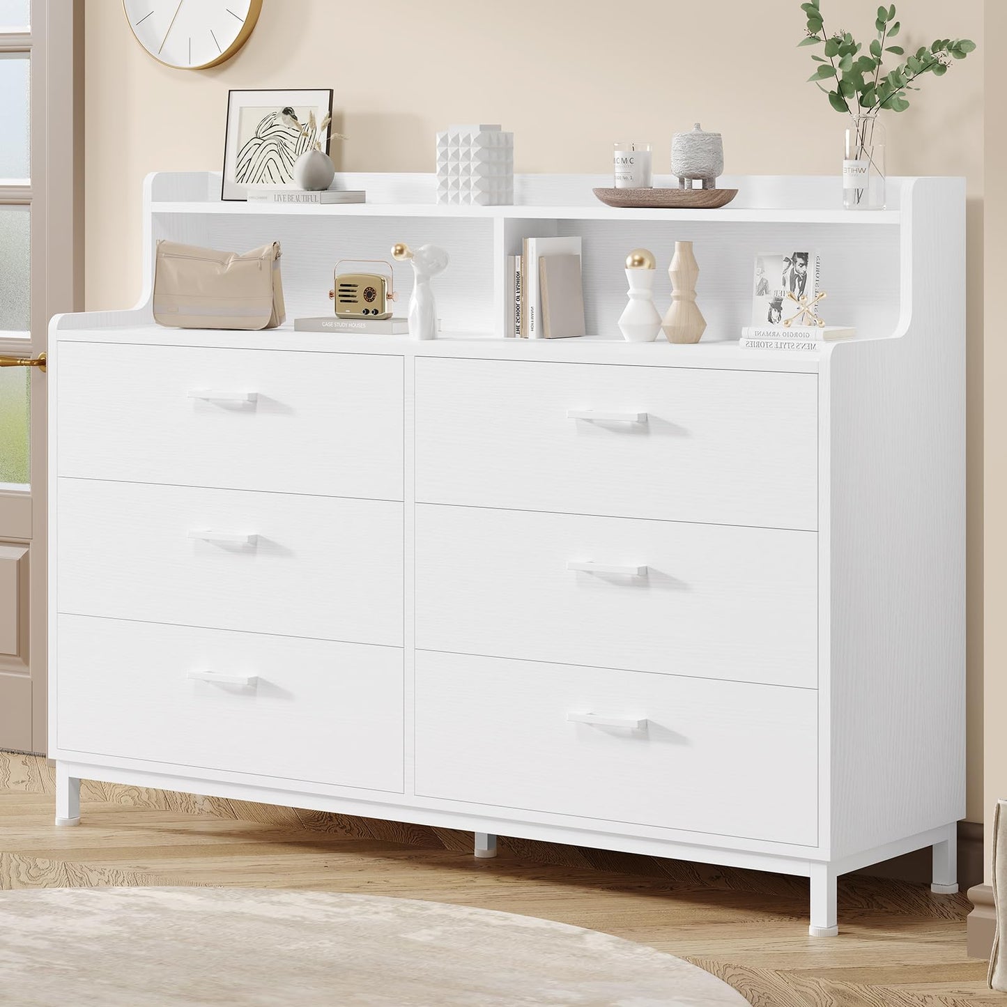 6 Drawers Double Dresser with Shelves for Bedroom, White