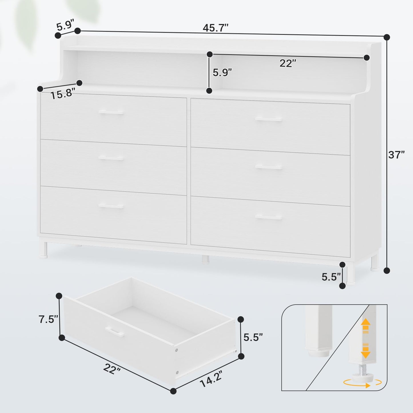 6 Drawers Double Dresser with Shelves for Bedroom, White