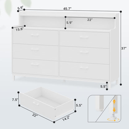 6 Drawers Double Dresser with Shelves for Bedroom, White