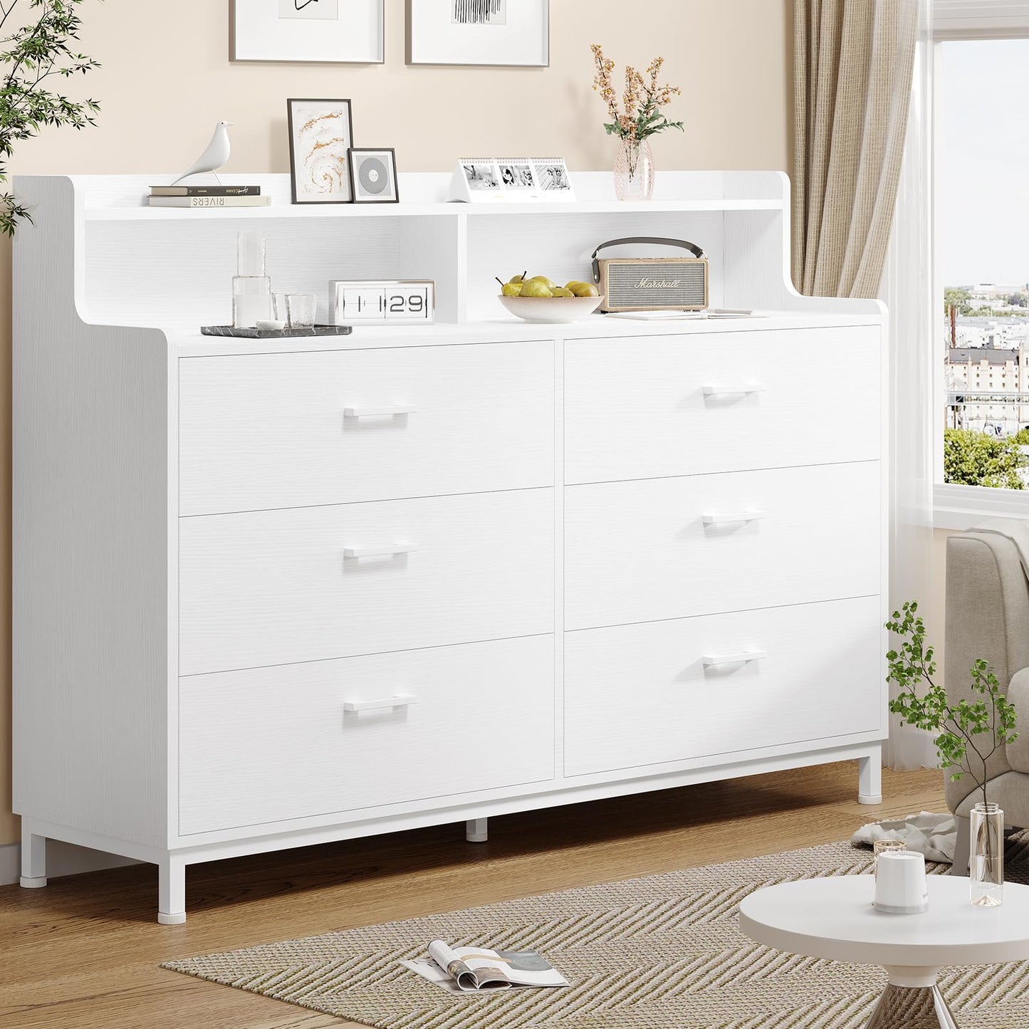 6 Drawers Double Dresser with Shelves for Bedroom, White