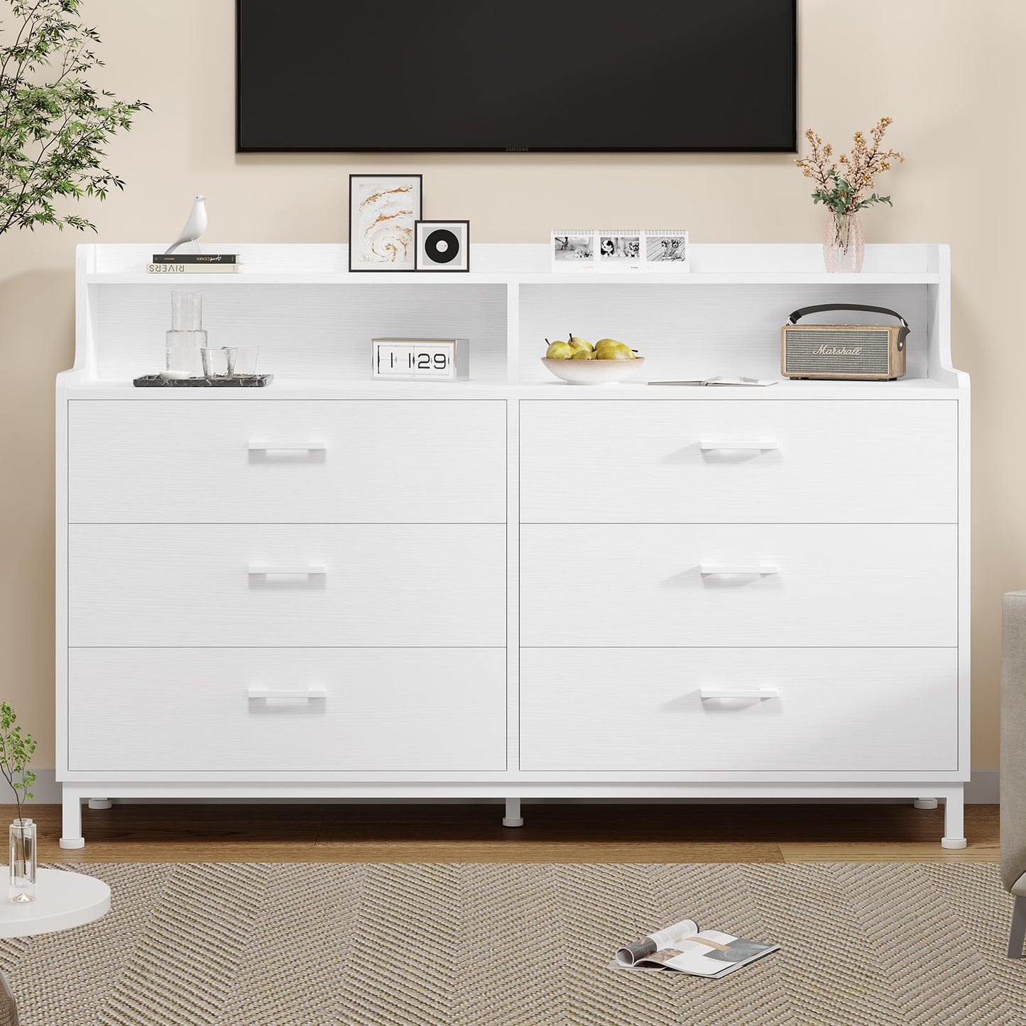 6 Drawers Double Dresser with Shelves for Bedroom, White