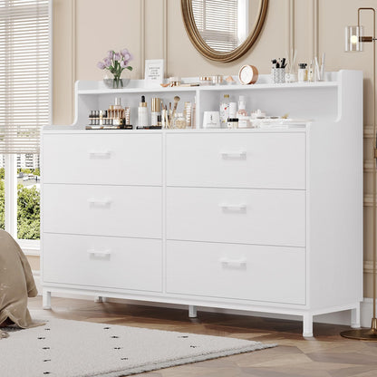 6 Drawers Double Dresser with Shelves for Bedroom, White