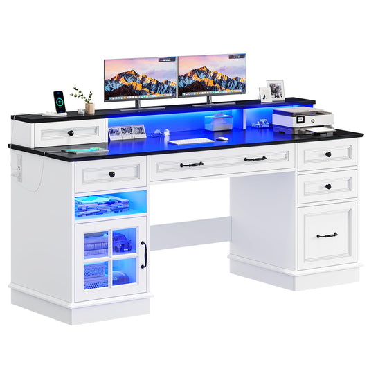 59" Computer Desk with 5 Drawers and Charging Station, Farmhouse Office Desk for Home Office