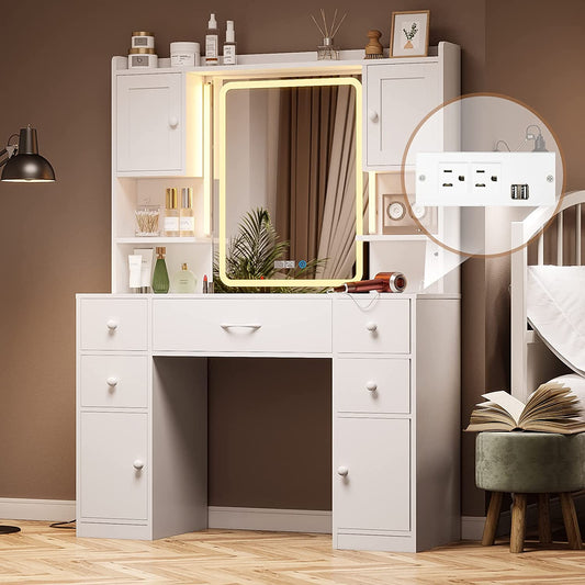 Large Vanity Desk with Lighted Mirror, 5 Drawers Makeup Vanity with Charging Station and Smart Mirror, White