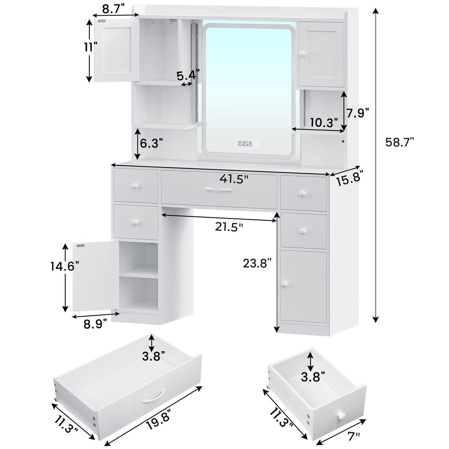 Large Vanity Desk with Lighted Mirror, 5 Drawers Makeup Vanity with Charging Station and Smart Mirror, White