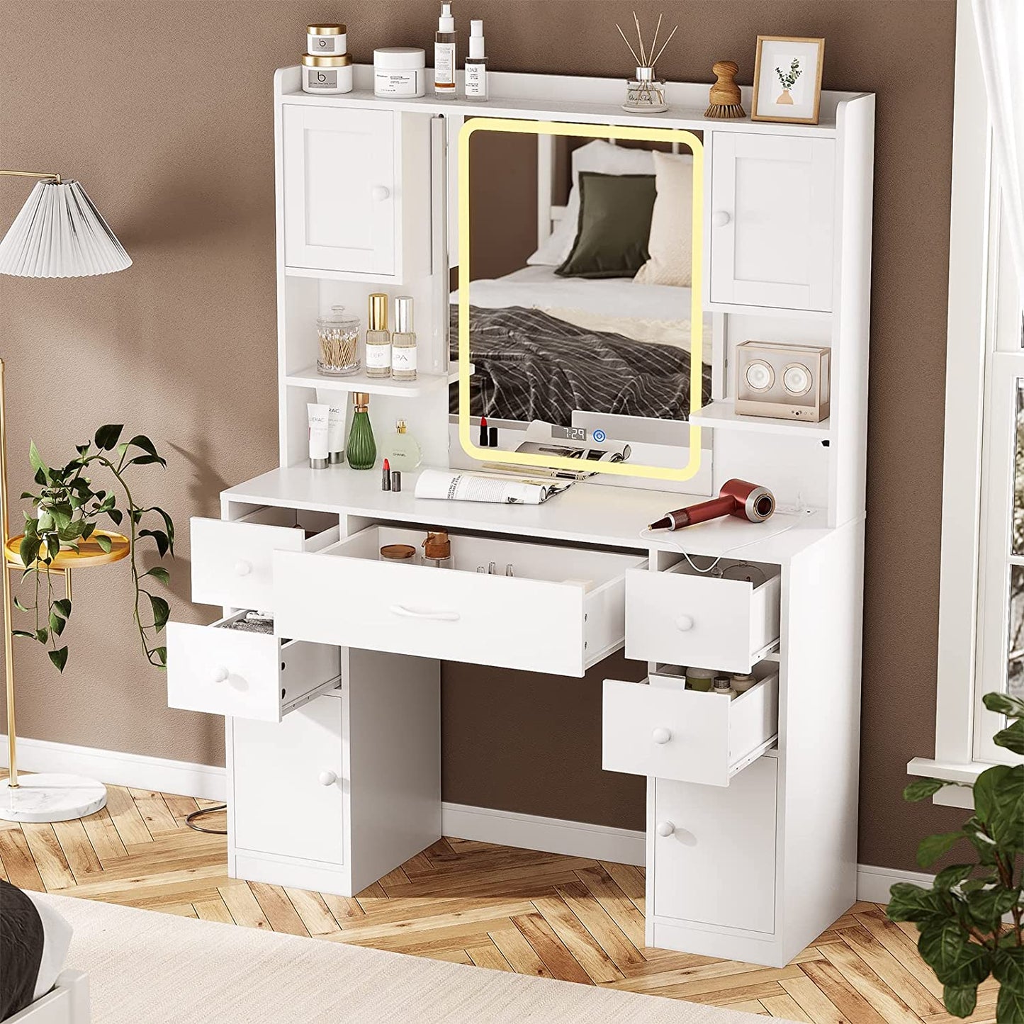 Large Vanity Desk with Lighted Mirror, 5 Drawers Makeup Vanity with Charging Station and Smart Mirror, White